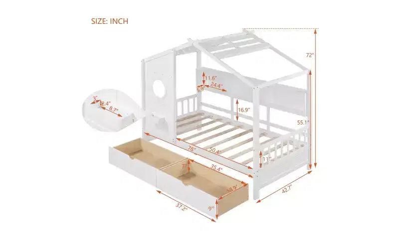 Lit jumeau en bois pour enfants avec 2 tiroirs et étagère de rangement, blanc