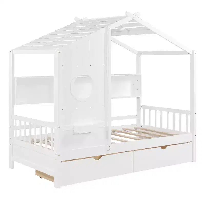 Lit jumeau en bois pour enfants avec 2 tiroirs et étagère de rangement, blanc