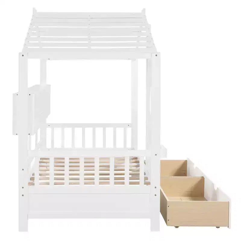 Lit jumeau en bois pour enfants avec 2 tiroirs et étagère de rangement, blanc