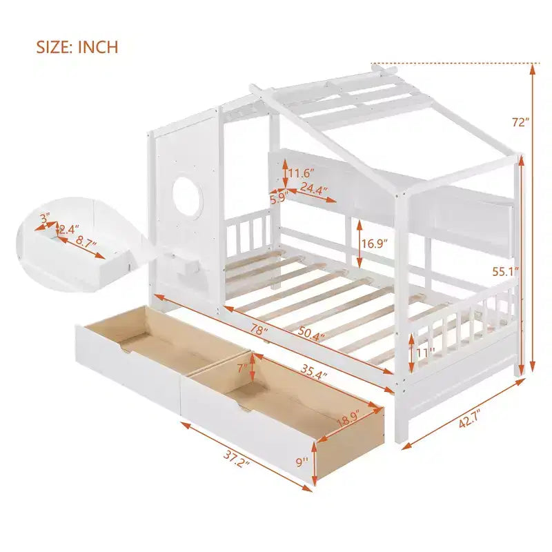 Lit jumeau en bois pour enfants avec 2 tiroirs et étagère de rangement, blanc