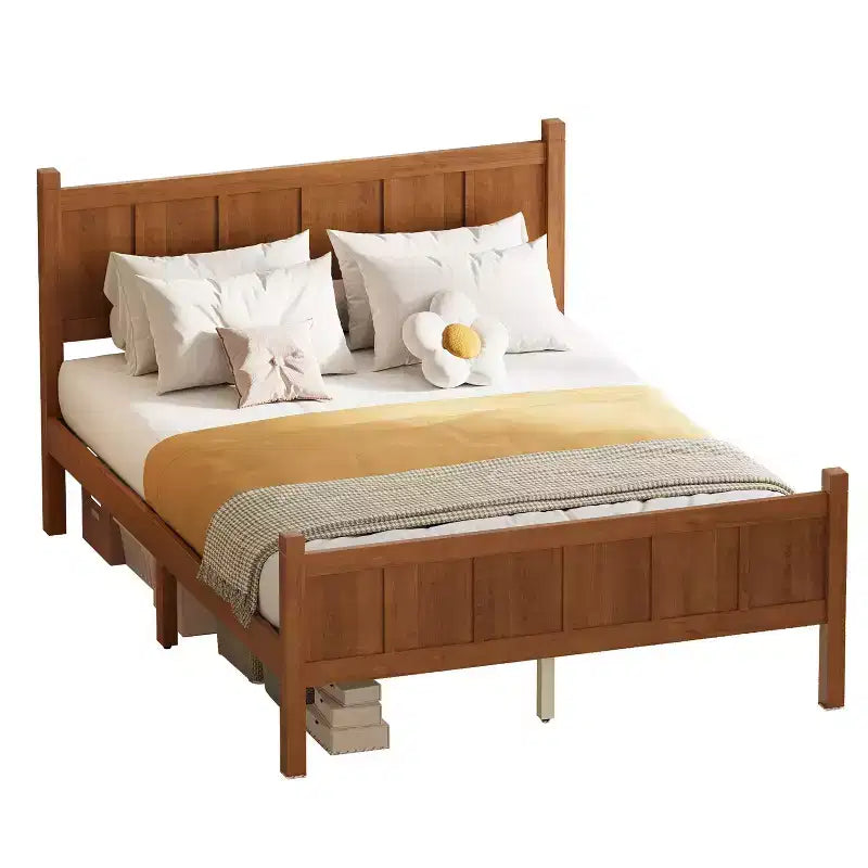 Lit plateforme entièrement à panneaux plats avec tête de lit et pied de lit, cadre de lit de ferme Shaker au grain de bois, noyer clair