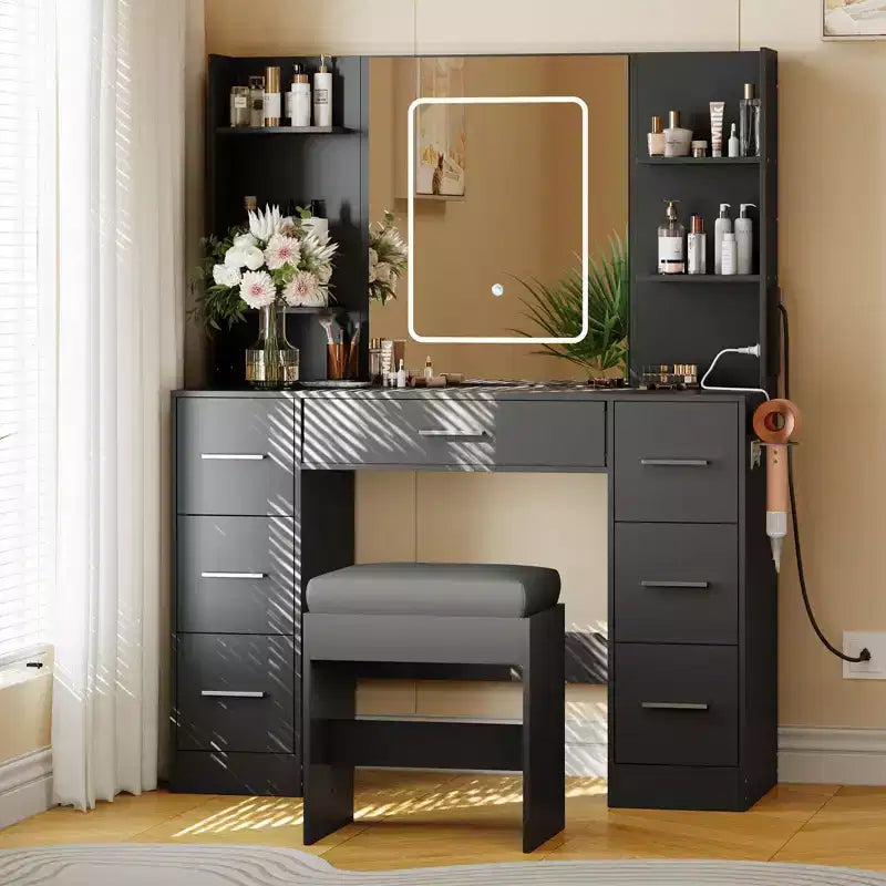 7-Drawer Makeup Vanity Desk with Mirror, Lights, Hair Dryer Holder & Cushioned Stool for Bedroom