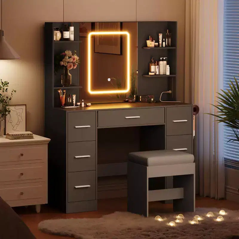 Coiffeuse à Maquillage 7 Tiroirs avec Miroir, Lumières, Support Sèche-Cheveux et Tabouret Rembourré pour Chambre à Coucher