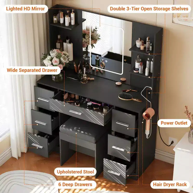 Coiffeuse à Maquillage 7 Tiroirs avec Miroir, Lumières, Support Sèche-Cheveux et Tabouret Rembourré pour Chambre à Coucher