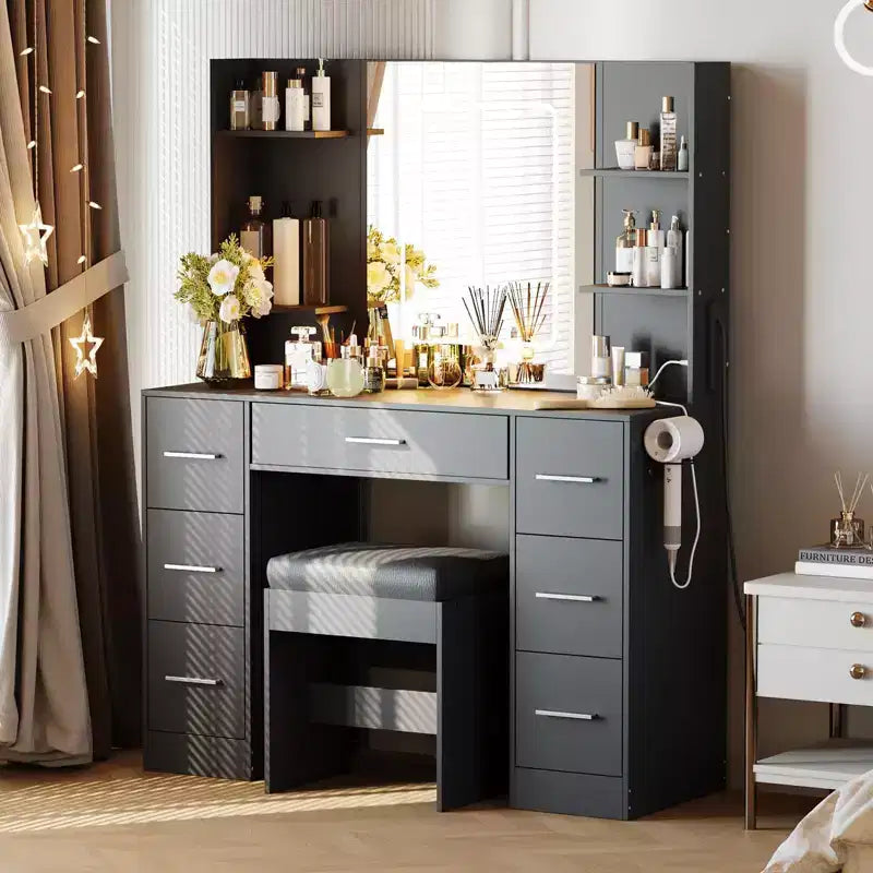 Coiffeuse à Maquillage 7 Tiroirs avec Miroir, Lumières, Support Sèche-Cheveux et Tabouret Rembourré pour Chambre à Coucher