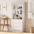 Living Room Bookshelf w/ Drawers, 70.8 Tall White Fluted Bookcase, 6 Tier Bookcase w/ Storage, 29.9 Wide Waved Wooden Book Shelf