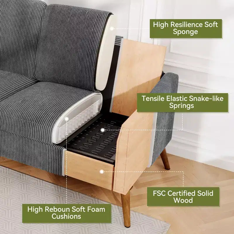 Canapé 2 places de 173 cm, Canapé confortable en velours côtelé pour salon, Causeuse moderne du milieu du siècle, Petits canapés sans outils pour chambre à coucher ou bureau
