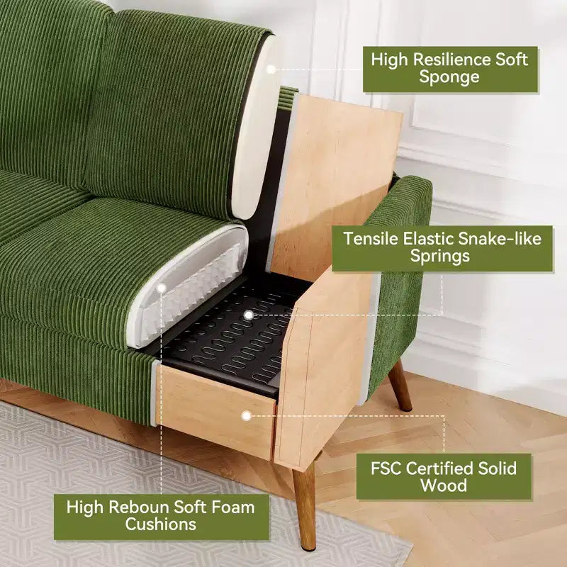 Canapé 2 places de 173 cm, Canapé confortable en velours côtelé pour salon, Causeuse moderne du milieu du siècle, Petits canapés sans outils pour chambre à coucher ou bureau