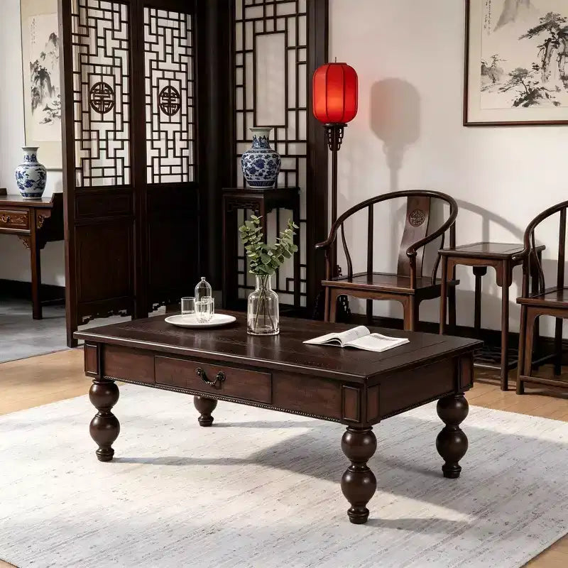 Table basse rectangulaire en bois avec tiroir de rangement, avec pieds en bois massif en forme de calebasse pour salon, expresso