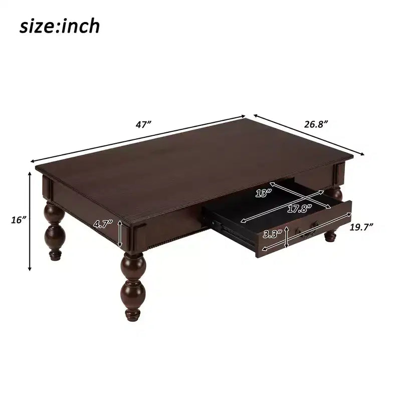 Table basse rectangulaire en bois avec tiroir de rangement, avec pieds en bois massif en forme de calebasse pour salon, expresso