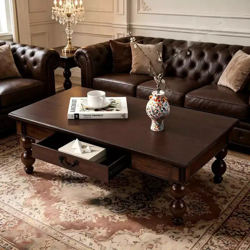 Table basse rectangulaire en bois avec tiroir de rangement, avec pieds en bois massif en forme de calebasse pour salon, expresso