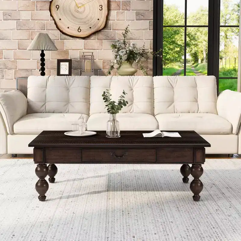 Table basse rectangulaire en bois avec tiroir de rangement, avec pieds en bois massif en forme de calebasse pour salon, expresso