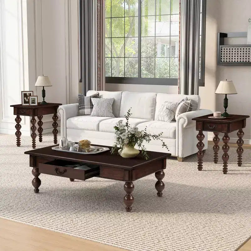 Table basse rectangulaire en bois avec tiroir de rangement, avec pieds en bois massif en forme de calebasse pour salon, expresso