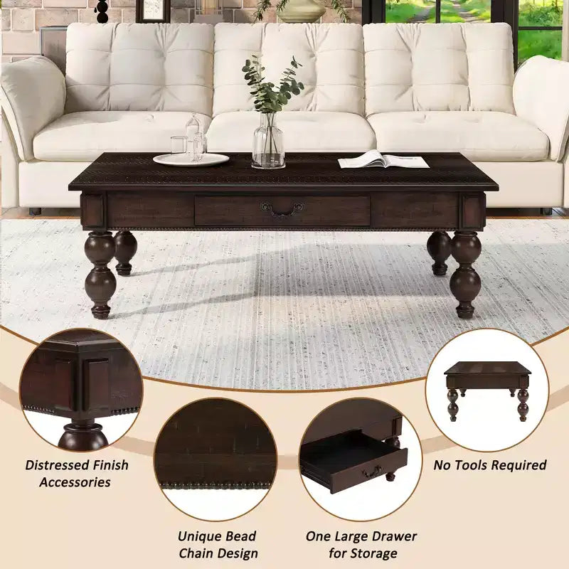 Table basse rectangulaire en bois avec tiroir de rangement, avec pieds en bois massif en forme de calebasse pour salon, expresso