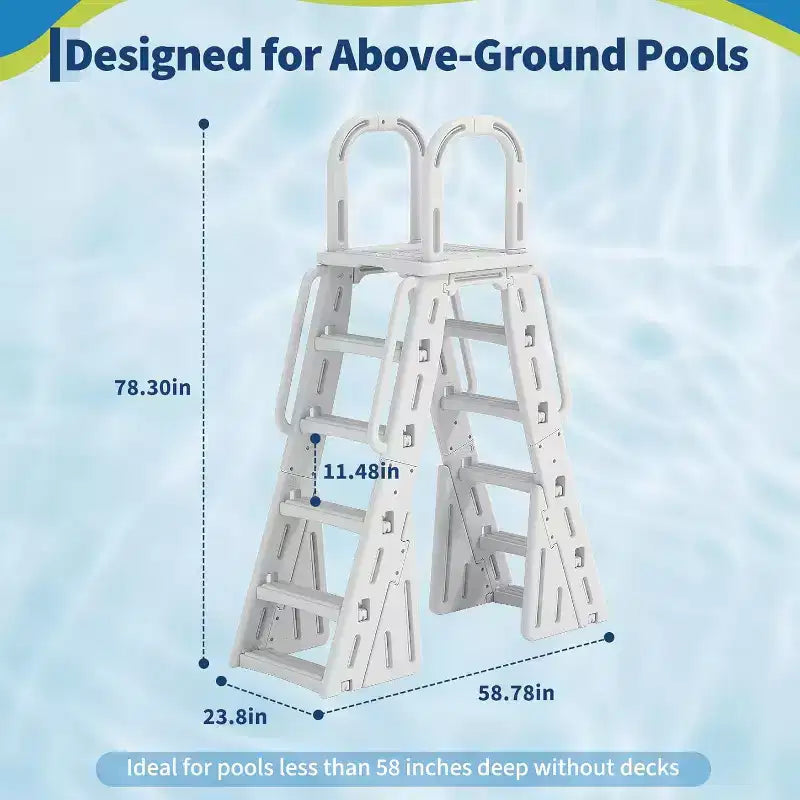 Échelle de piscine en A en PEHD pour piscines hors sol de 48 à 56 pouces, capacité de 400 lbs, marches antidérapantes et sûres, escalier d'accès stable à la piscine avec mains courantes et barrière de sécurité