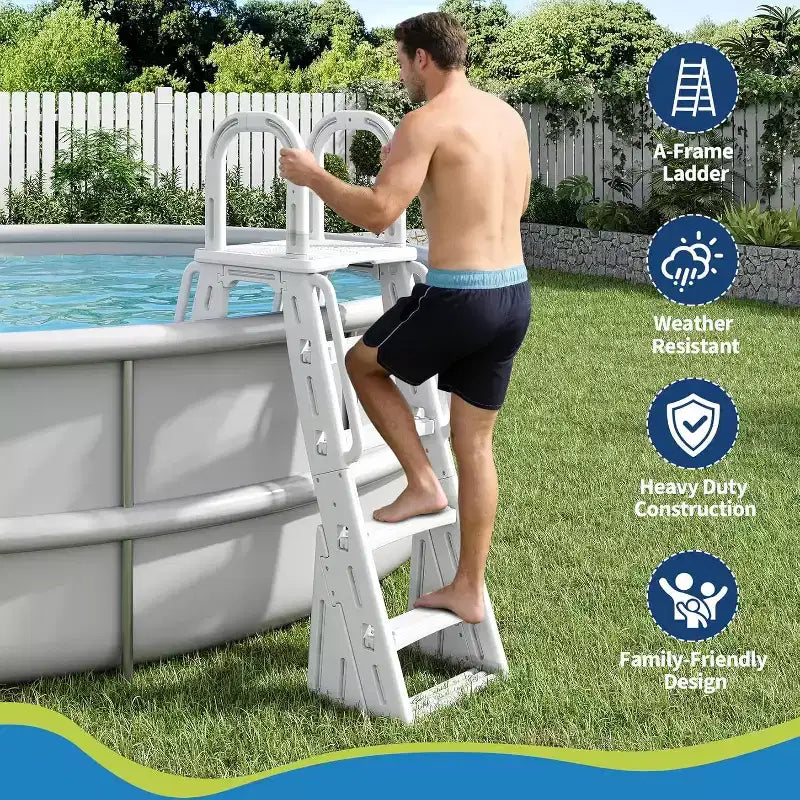 Échelle de piscine en A en PEHD pour piscines hors sol de 48 à 56 pouces, capacité de 400 lbs, marches antidérapantes et sûres, escalier d'accès stable à la piscine avec mains courantes et barrière de sécurité