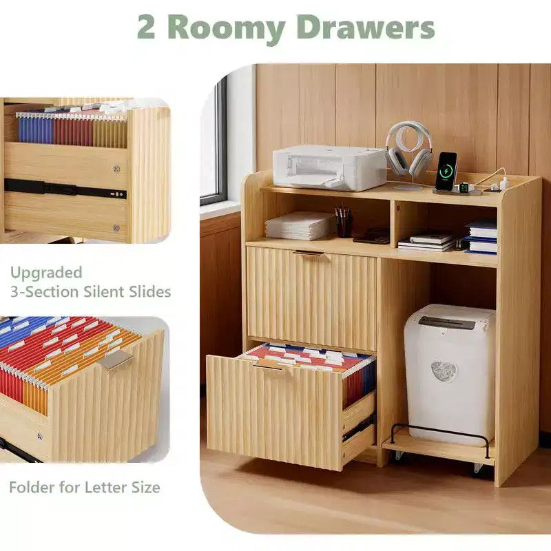 Meuble de classement en bois à 2 tiroirs avec desserte latérale mobile, finition grain de bois, design cannelé
