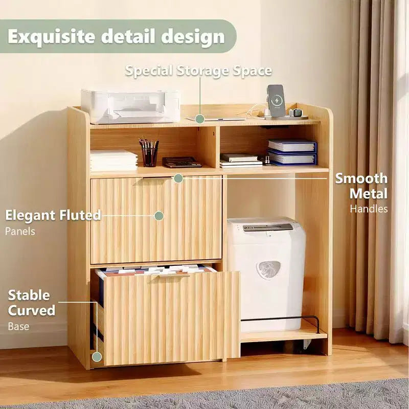 Meuble de classement en bois à 2 tiroirs avec desserte latérale mobile, finition grain de bois, design cannelé