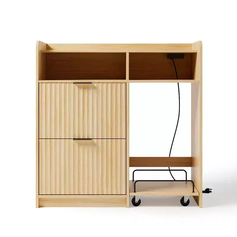 Meuble de classement en bois à 2 tiroirs avec desserte latérale mobile, finition grain de bois, design cannelé