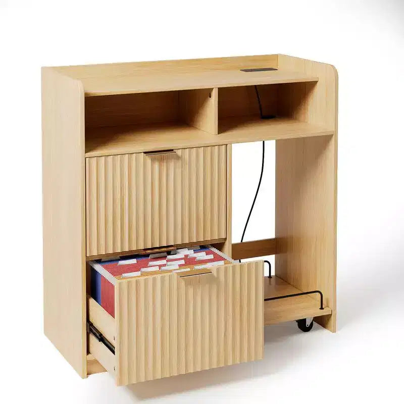 Meuble de classement en bois à 2 tiroirs avec desserte latérale mobile, finition grain de bois, design cannelé