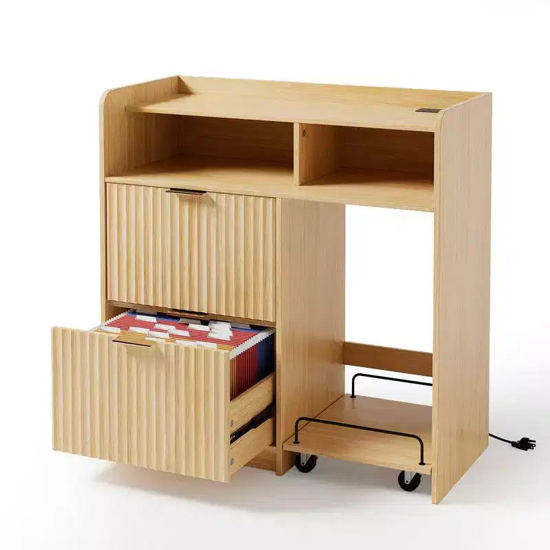 Meuble de classement en bois à 2 tiroirs avec desserte latérale mobile, finition grain de bois, design cannelé