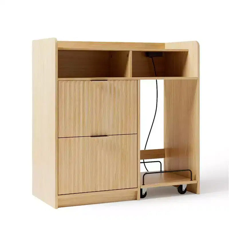 Meuble de classement en bois à 2 tiroirs avec desserte latérale mobile, finition grain de bois, design cannelé